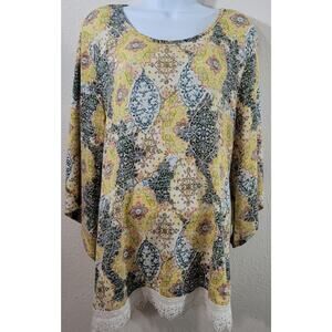 NY Collection Yellow Floral Print Lace Trimmed Hem Top PXL Lightweight Soft